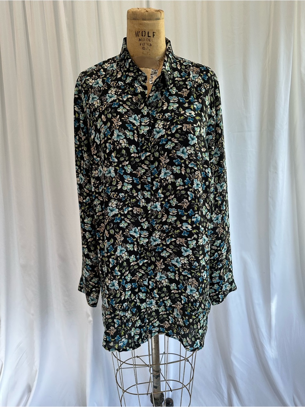 J. Jill Black floral Button-Down Tunic with Blue & Cream Floral Print